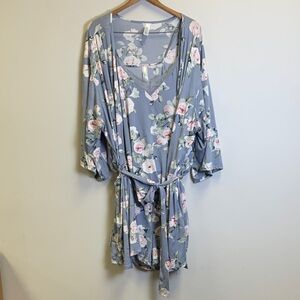 Flora Blue Floral Lace-Trim Robe & Chemise Set